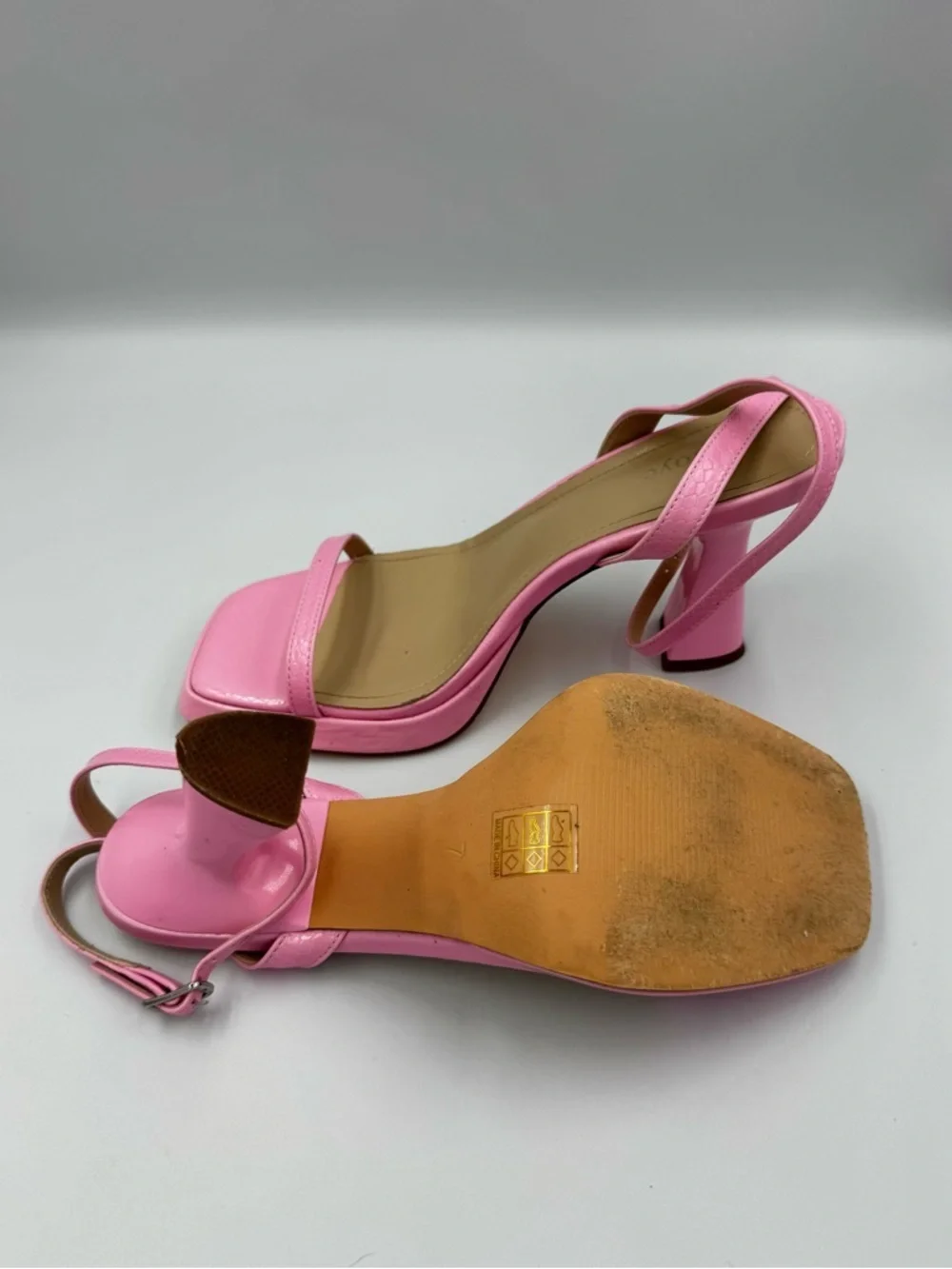 Pink Snakeskin Platform Sandals Square Toe Flare Heel Barbiecore Size 7